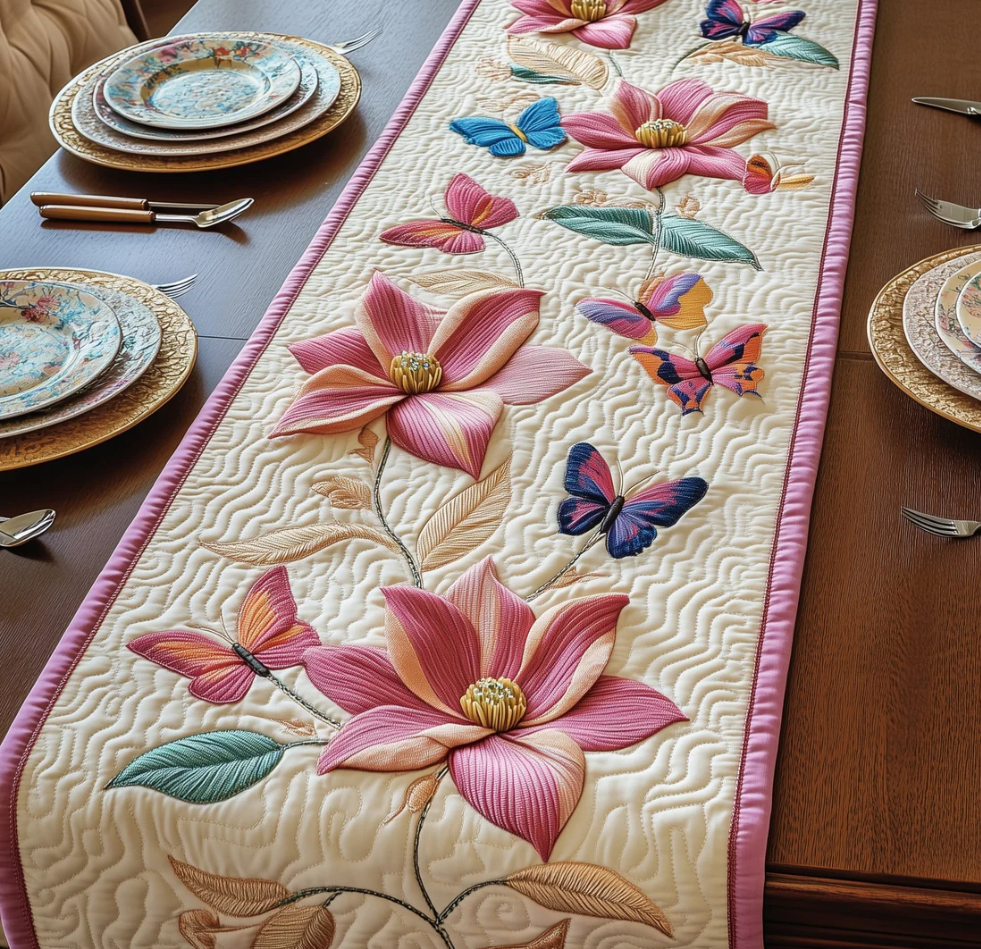 Elegant Butterfly & Magnolia Floral Pattern Handcrafted Quilted Table Runner | Flower