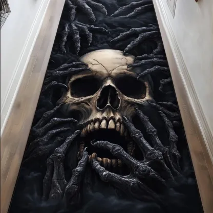 3D Gothic Dark Swirl Style Skull Swirl & Abyss Vortex Pattern Quilted Runner Rug with Floating Skull Decor | Skull