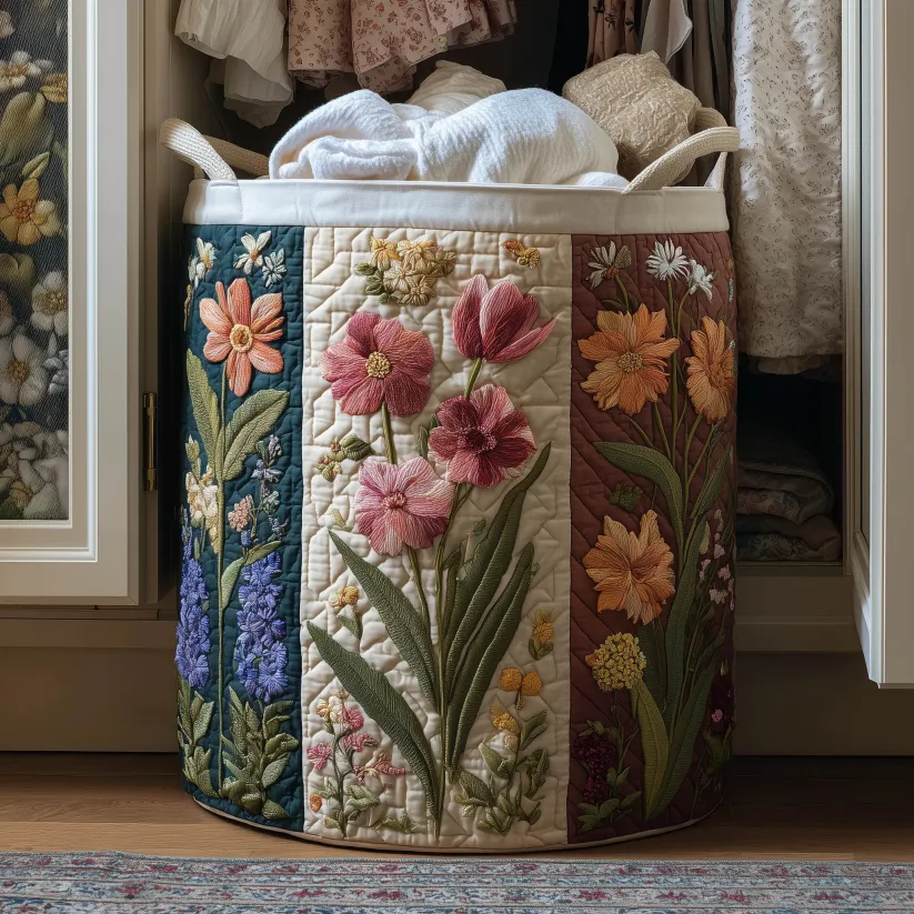 Vintage Countryside Style Retro Floral Patchwork Pattern Blooming Charm Quilted Laundry Basket with Sturdy Canvas Handles | Flower