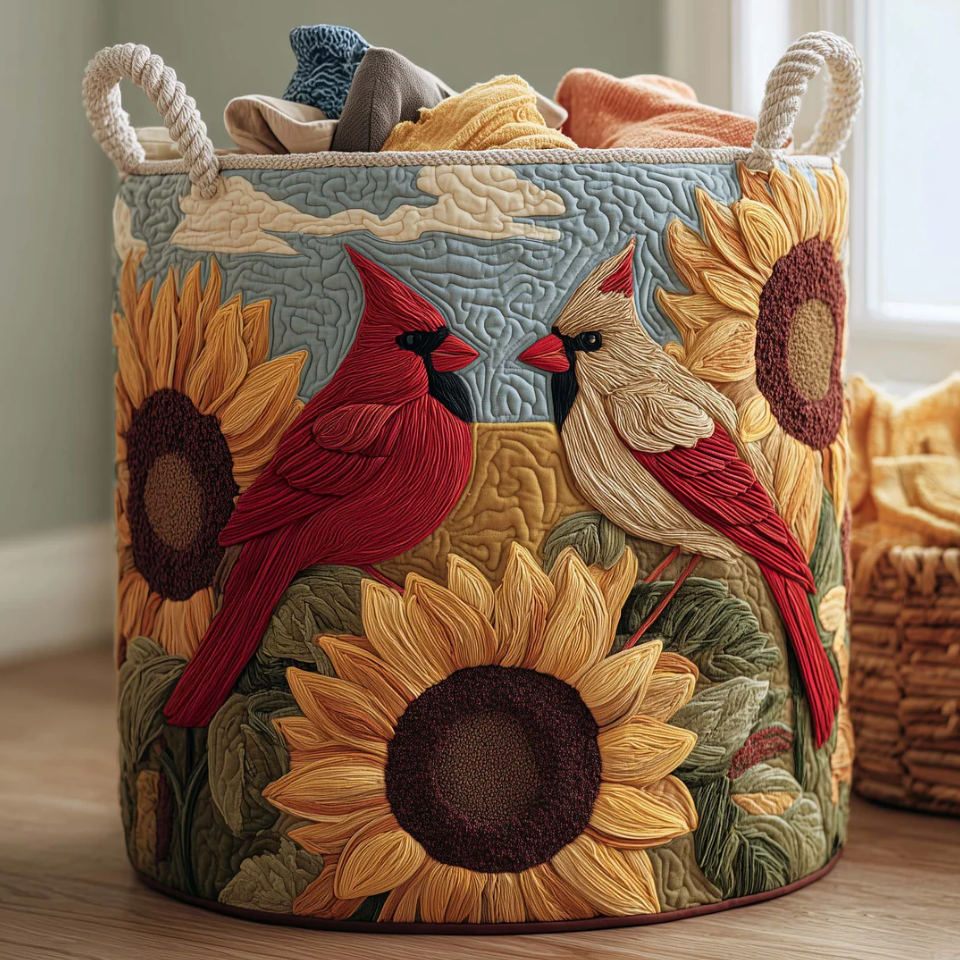 Elegant Cardinal Bird & Floral Pattern Quilted Laundry Basket Eco-Friendly Machine Washable Storage Bin for Home Rustic Country Decor | Bird