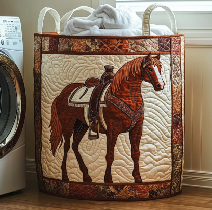Rustic Western Horse & Saddle Pattern Quilted Laundry Basket Eco-Friendly Machine Washable Storage Bin for Home Ranch Style Decor Organization | Horse