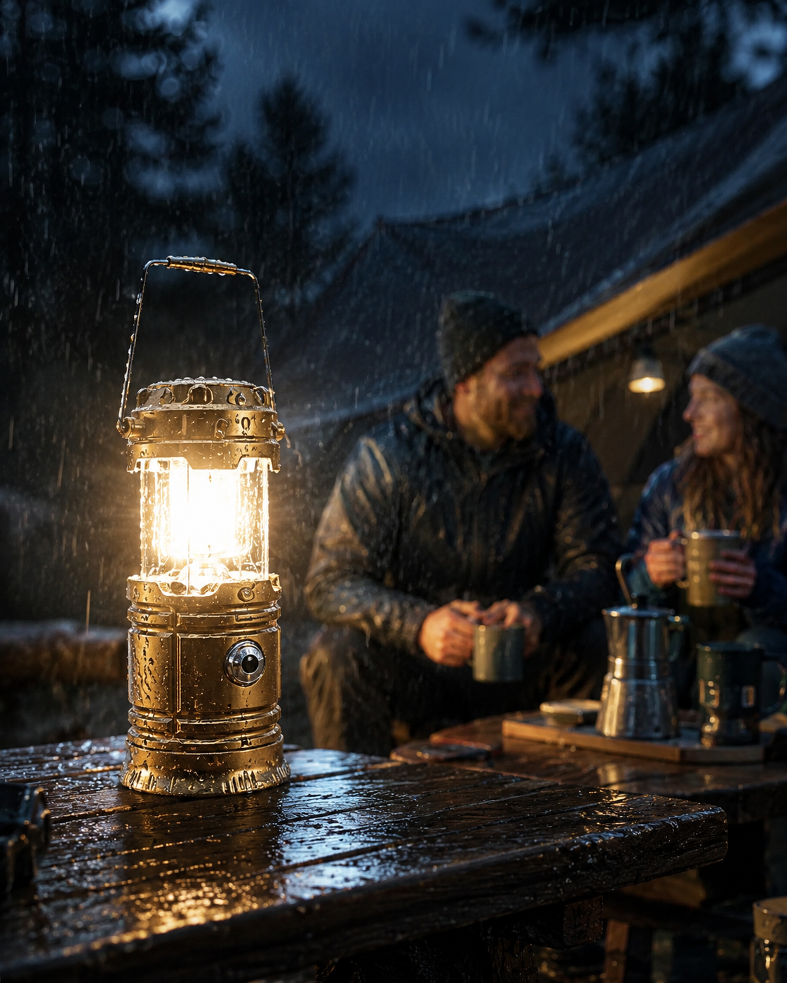 Image placeholder: rugged waterproof solar light in rain or outdoor camping conditions