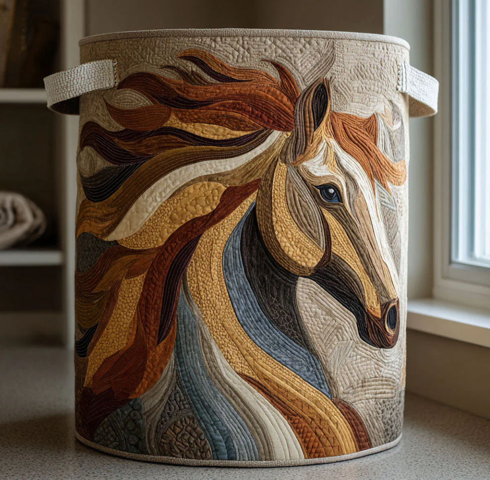 Artistic Galloping Horse Pattern Quilted Laundry Basket Eco-Friendly Machine Washable Storage Bin for Home Rustic Countryside Decor Organization | Horse