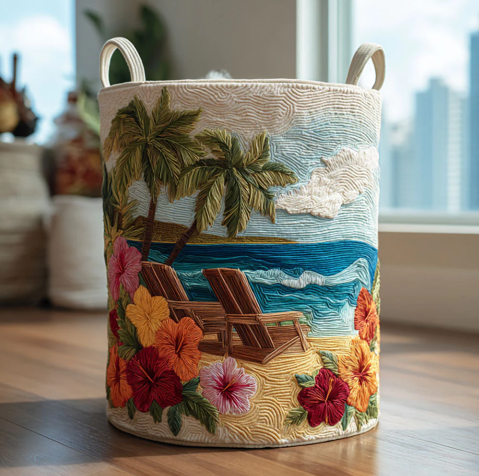 Tropical Hawaiian Floral & Palm Tree Pattern Quilted Laundry Basket Eco-Friendly Machine Washable Storage Bin for Home Coastal Decor Organization | Sunset Sea
