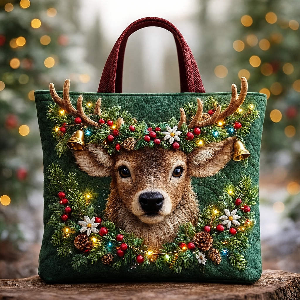 Christmas Reindeer Quilted Tote Bag ⚡ Festive Holiday Patchwork Art