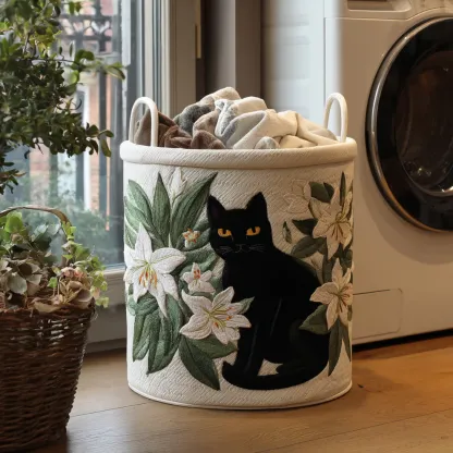 Cat and book  Quilted Laundry Basket
