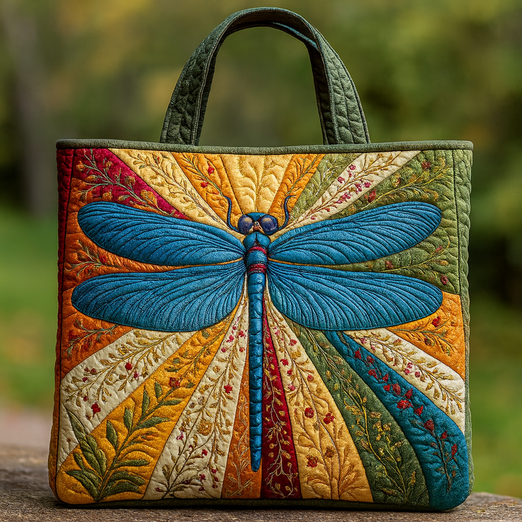 Dragonfly Bloom Quilted Tote Bag | 3D Embroidered Nature Art
