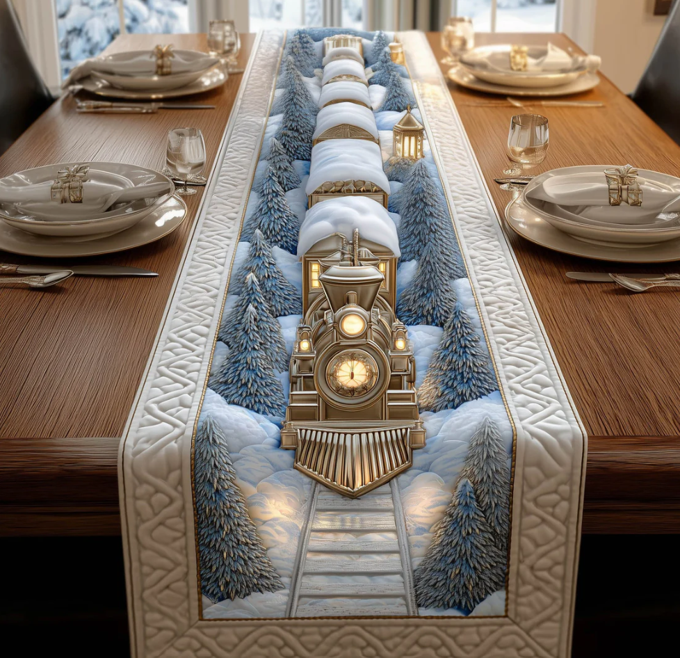 Yuletide Express Quilted Table Runner Snowy Steam Train Pattern Dining Table Flag for Home Decor | steam train