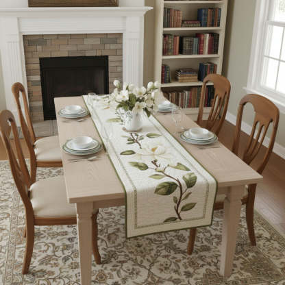 Rustic Magnolia Bloom Quilted Table Runner– Natural & Handcrafted Style