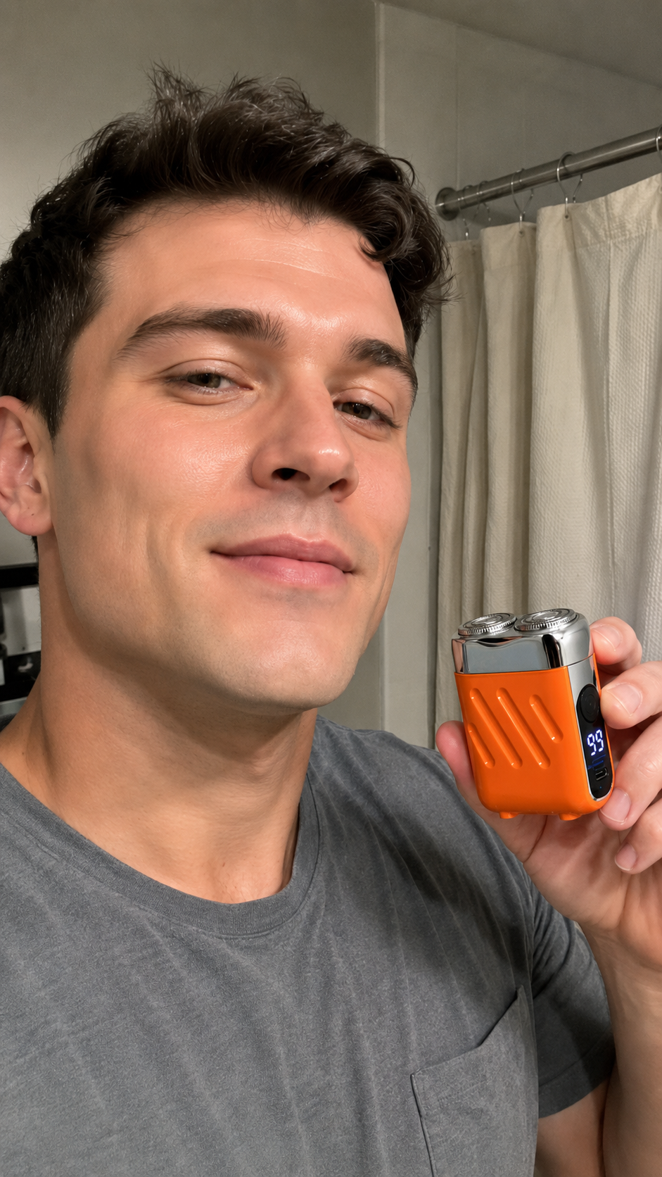 Suggested image: satisfied customer holding the pocket shaver after a quick grooming touch-up