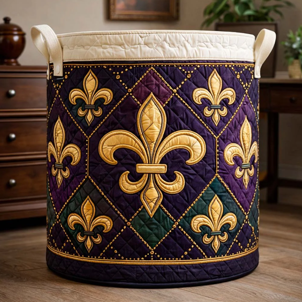 Luxurious Mardi Gras Fleur-de-lis Pattern Quilted Laundry Basket Eco-Friendly Machine Washable Storage Organizer for Home Carnival Themed Decor | Mardi Gras Fleur-de-lis