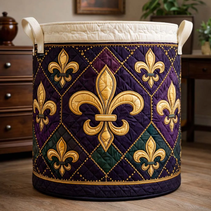 Luxurious Mardi Gras Fleur-de-lis Pattern Quilted Laundry Basket Eco-Friendly Machine Washable Storage Organizer for Home Carnival Themed Decor | Mardi Gras Fleur-de-lis