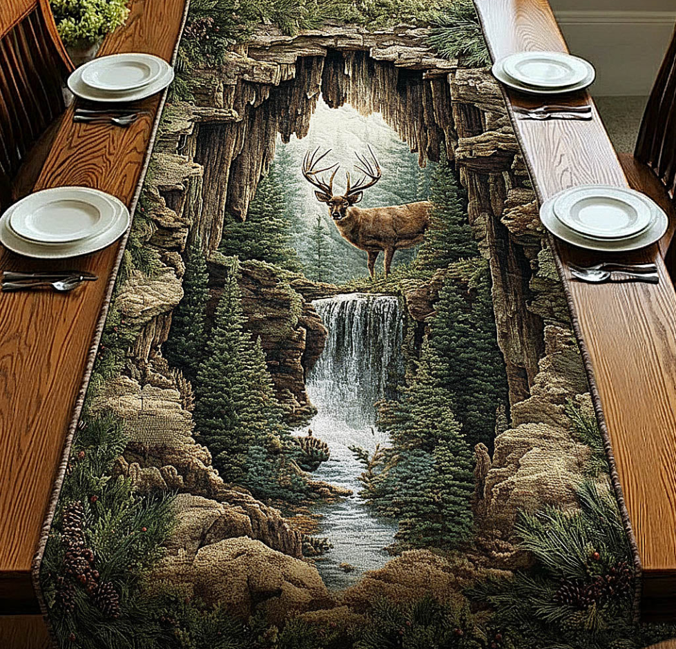 Wildwood Spirit Quilted Table Runner Forest Deer Waterfall Pattern Dining Table Flag for Home Decor | deer