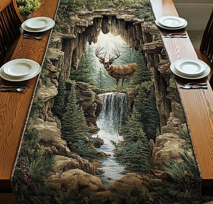 Wildwood Spirit Quilted Table Runner Forest Deer Waterfall Pattern Dining Table Flag for Home Decor | deer