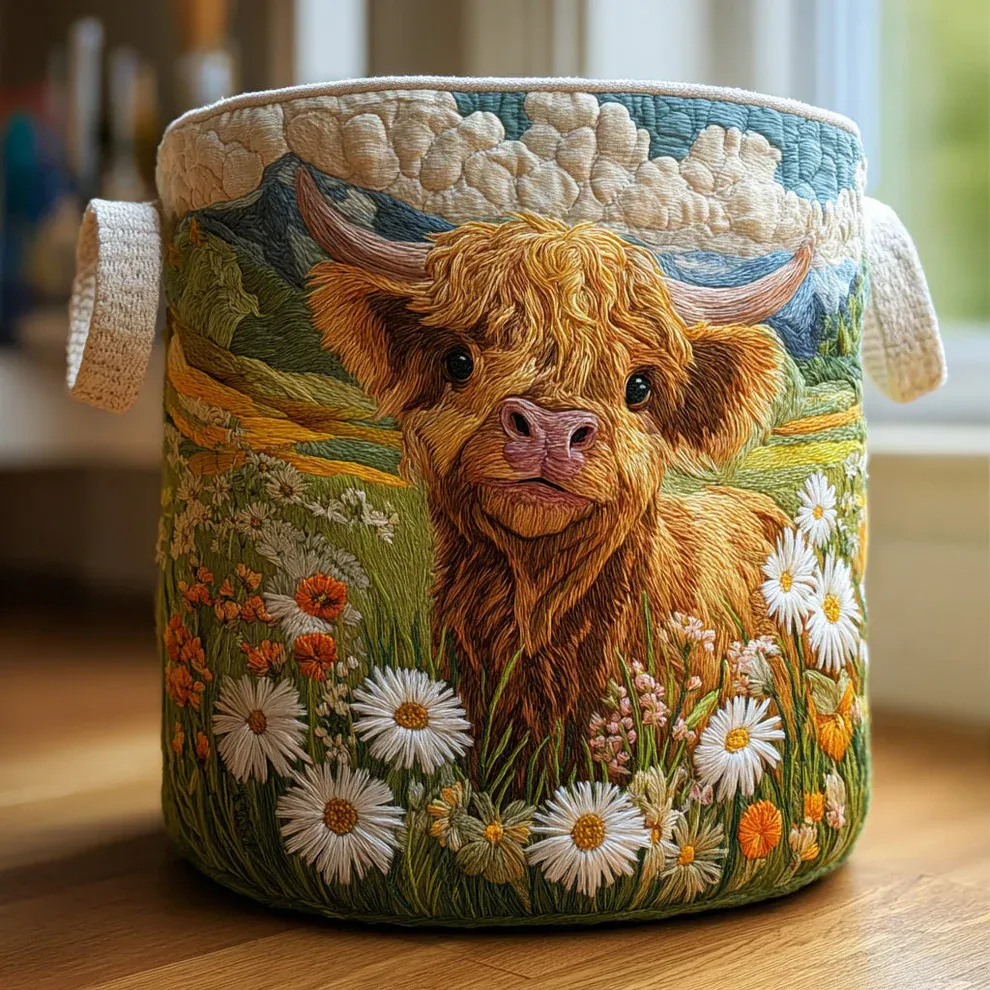 Highland Cattle Quilted Laundry Basket