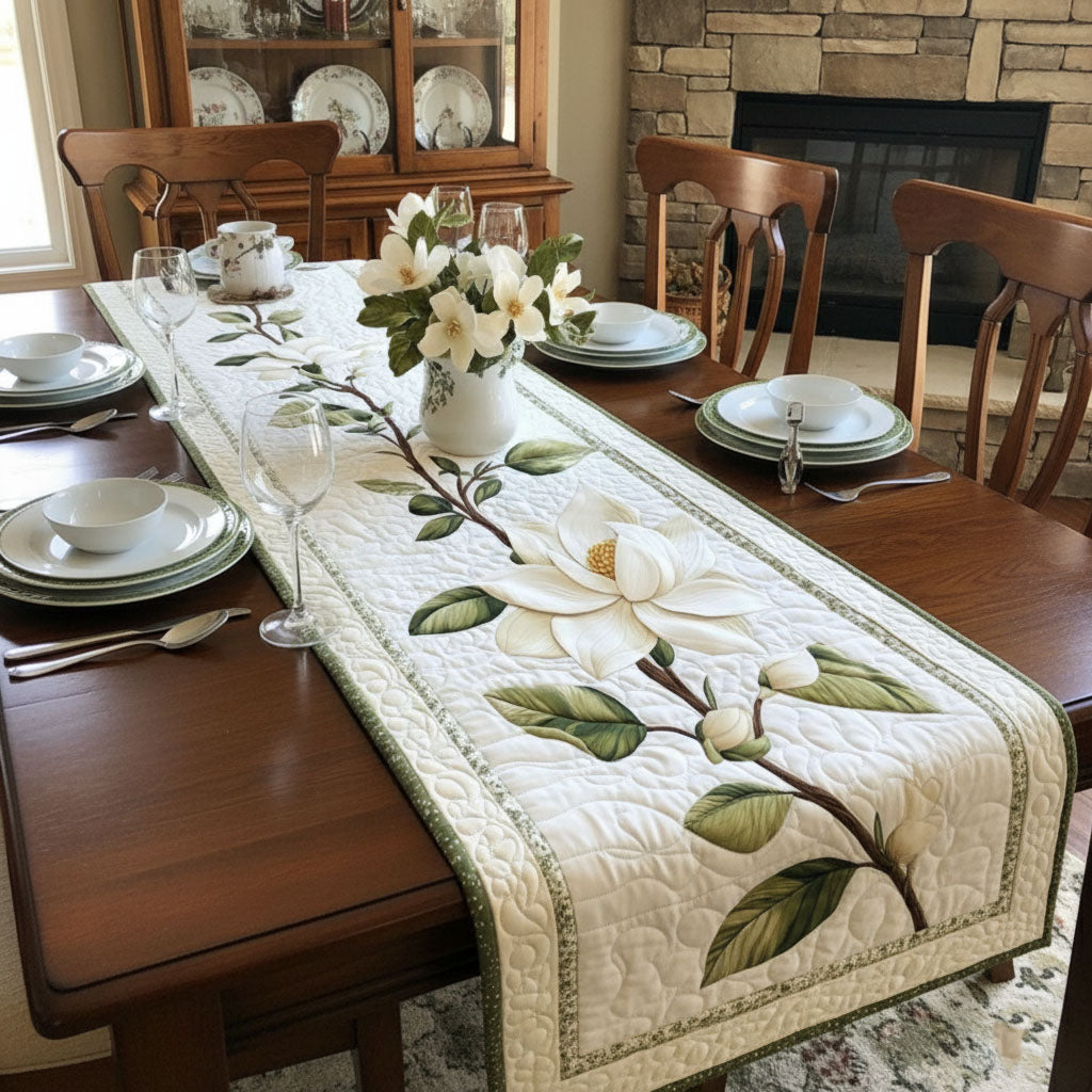 Rustic Magnolia Bloom Quilted Table Runner– Natural & Handcrafted Style