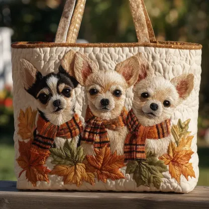 Whispers of Autumn Paws — 3D Fall Puppy Quilted Tote Bag ✨
