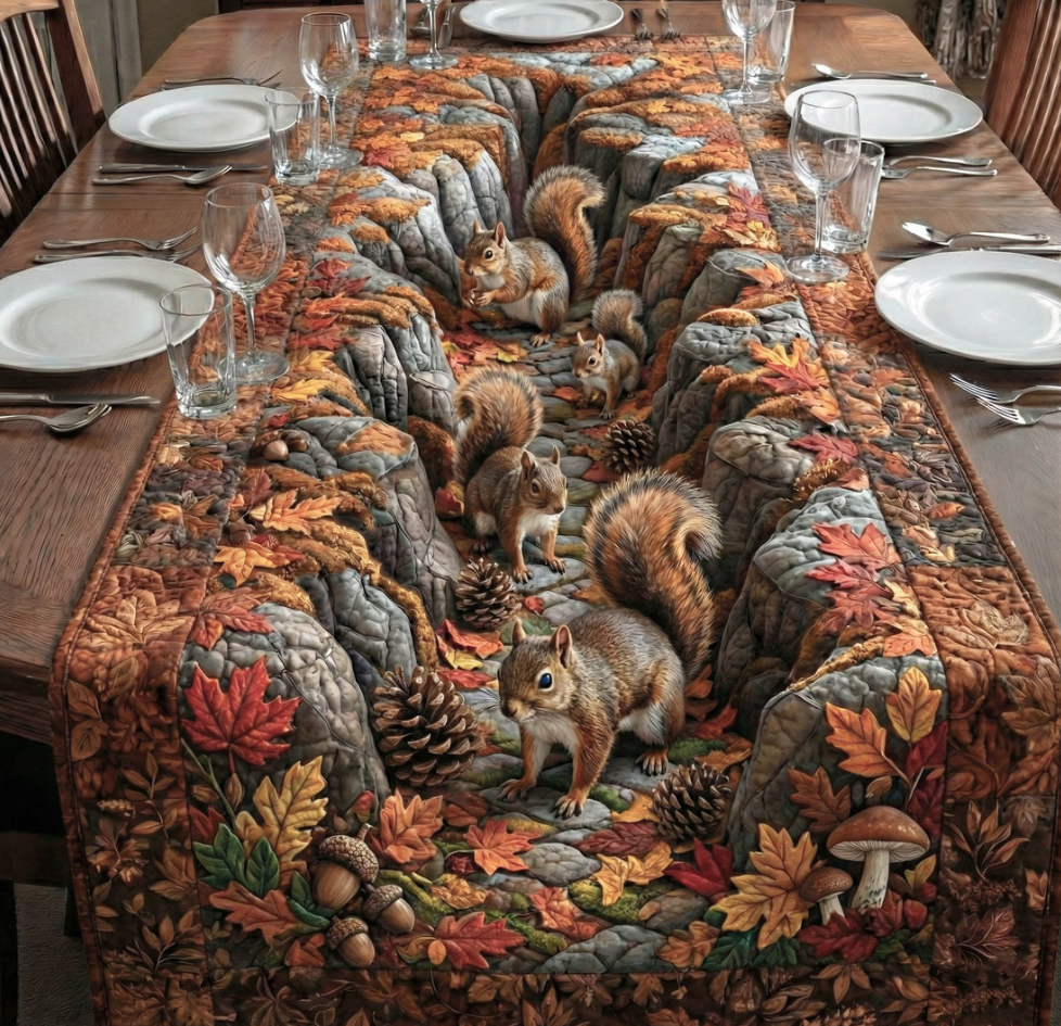 Squirrel Forest Quilted Table Runner Autumn Squirrel Pattern Dining Table Flag for Home Decor | Autumn Squirrel