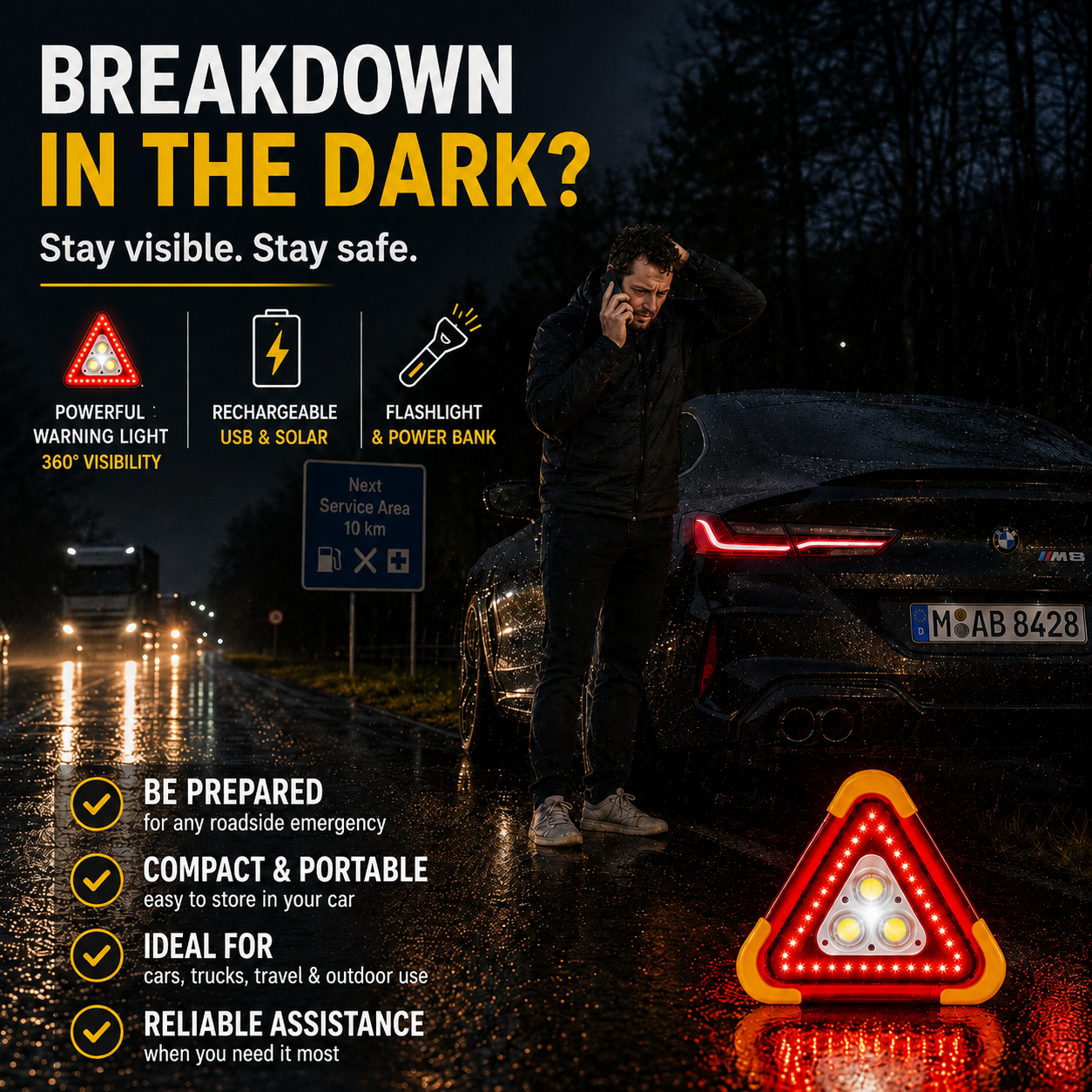 LED roadside emergency warning light beside a vehicle at night