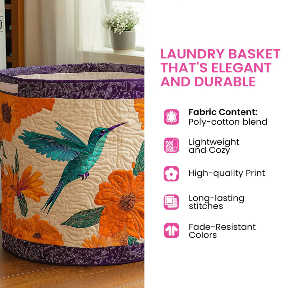 Tropical Hawaiian Floral & Palm Tree Pattern Quilted Laundry Basket Eco-Friendly Machine Washable Storage Bin for Home Coastal Decor Organization | Sunset  Sea