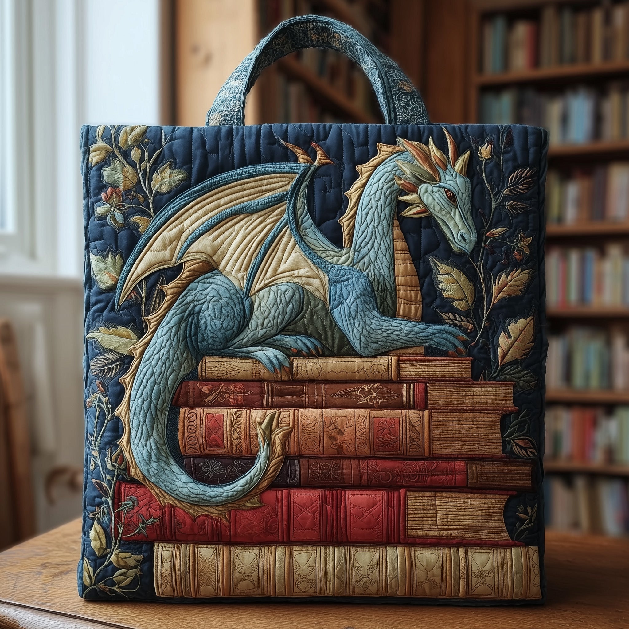Book Dragon Quilted Tote Bag