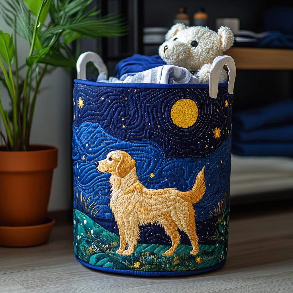 Golden Dog Charm Quilted Laundry Basket