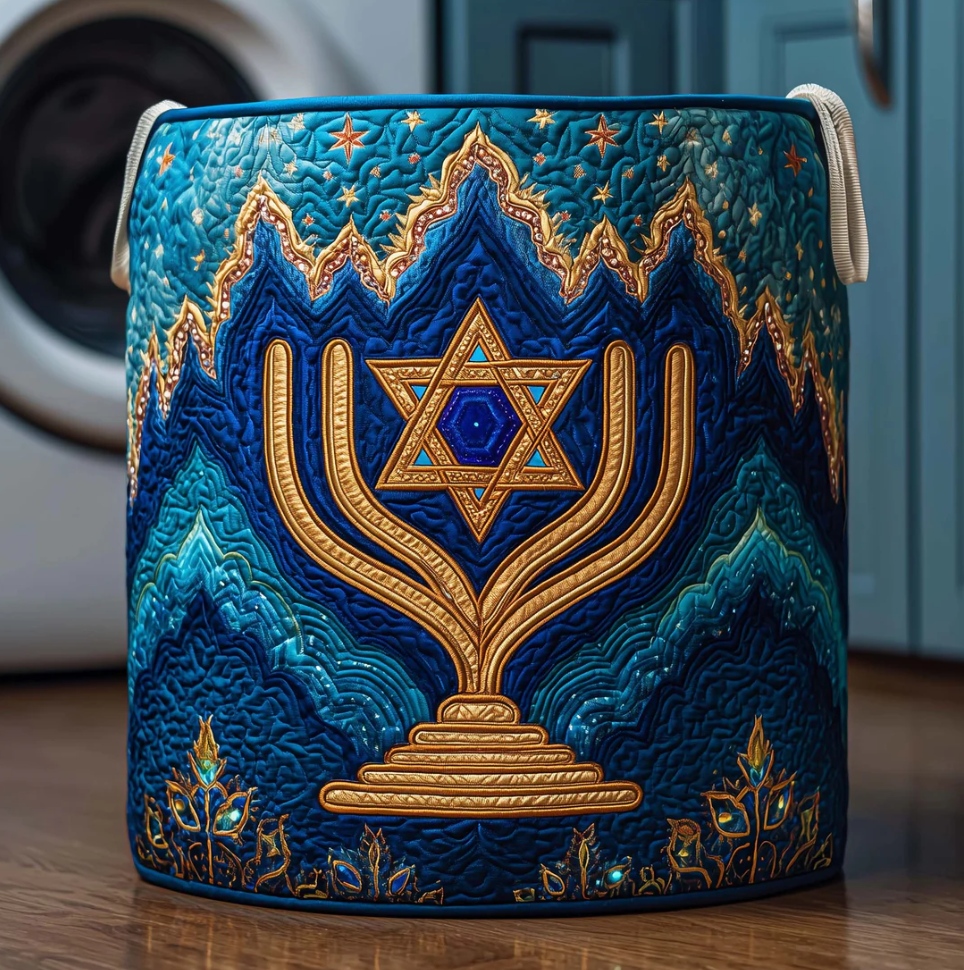 Artistic Menorah & Star of David Pattern Quilted Laundry Basket Eco-Friendly Machine Washable Storage Bin for Home Jewish Heritage Decor | Menorah