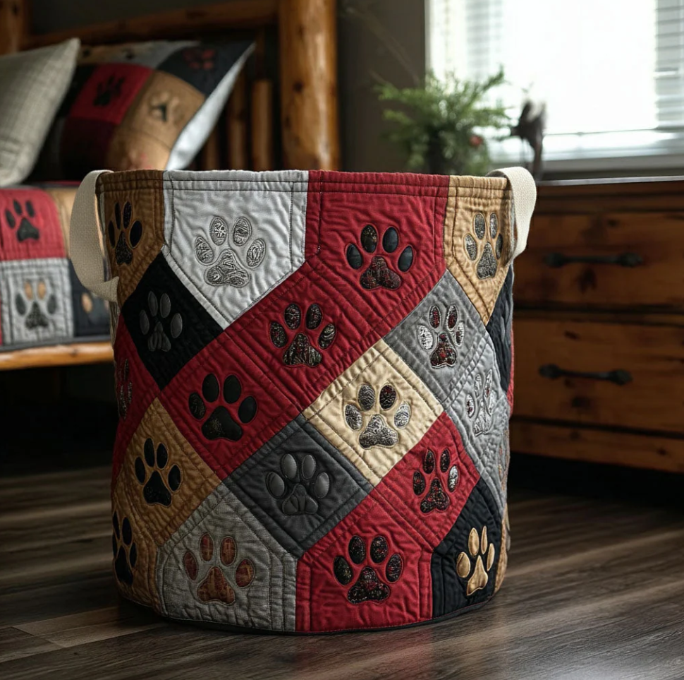 Vintage Patchwork Paw Print Pattern Quilted Laundry Basket Eco-Friendly Machine Washable Storage Bin for Home Pet Room Organization | Paw