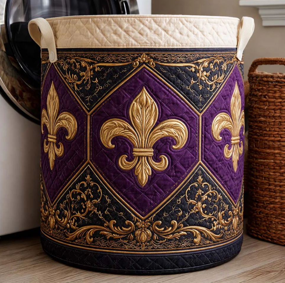 Luxurious Mardi Gras Fleur-de-lis Pattern Quilted Laundry Basket Eco-Friendly Machine Washable Storage Organizer for Home Carnival Themed Decor | Mardi Gras Fleur-de-lis