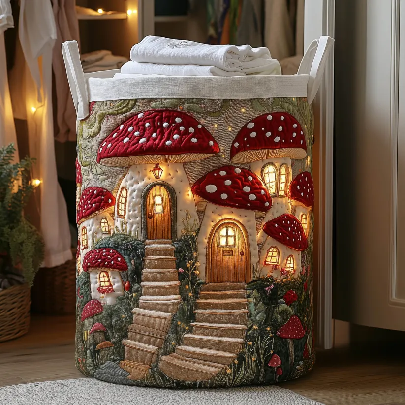 Cozy Healing Style Warm Glow Mushroom Cottage & Garden Pattern Mushroom Cottage Quilted Laundry Basket  | Mushroom Cottage