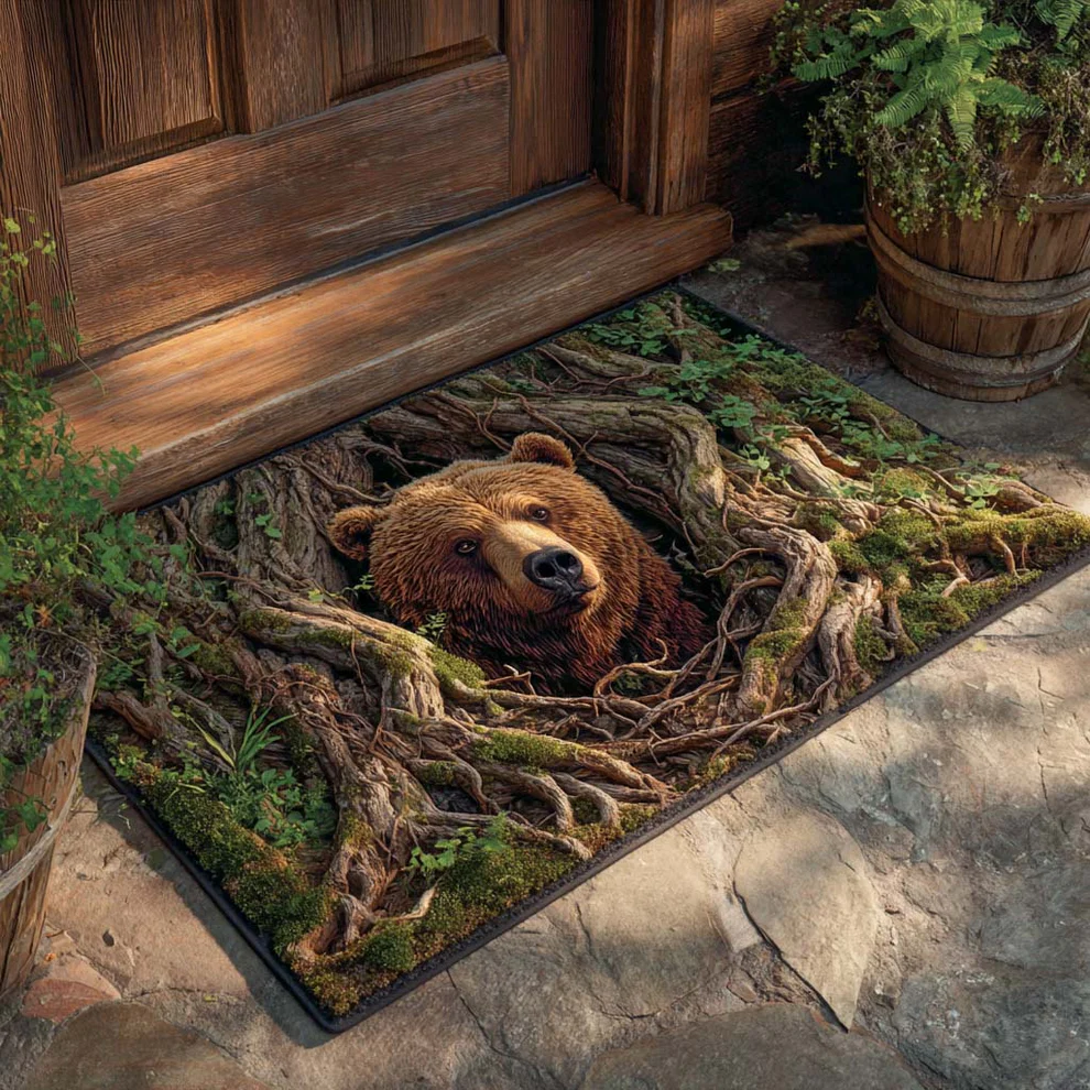 Hardcore 3D Natural Realism Style Lifelike Bear Face & Cracked Concrete Pattern Bear Doormat with Textured Weave & Outdoor Safe | Bear Doormat