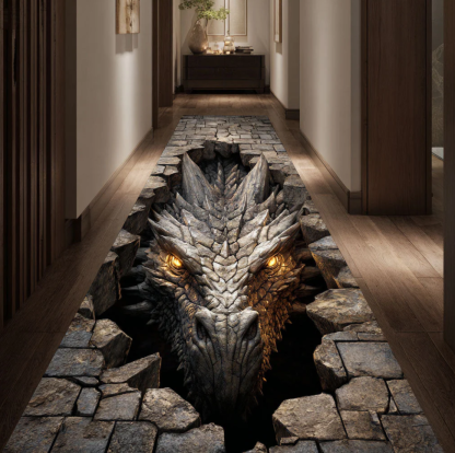 Immersive Illusion Hallway Quilted Runner Rug Carpet with Dragon Train Gnome Themed Pattern Non-Slip Durable Polyester Floor Mat for Home Decoration