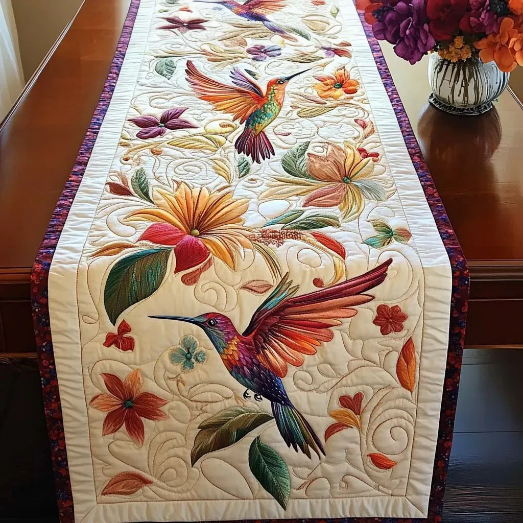 Sunrise Hummingbird Garden Quilted Table Runner 🌸🐦✨