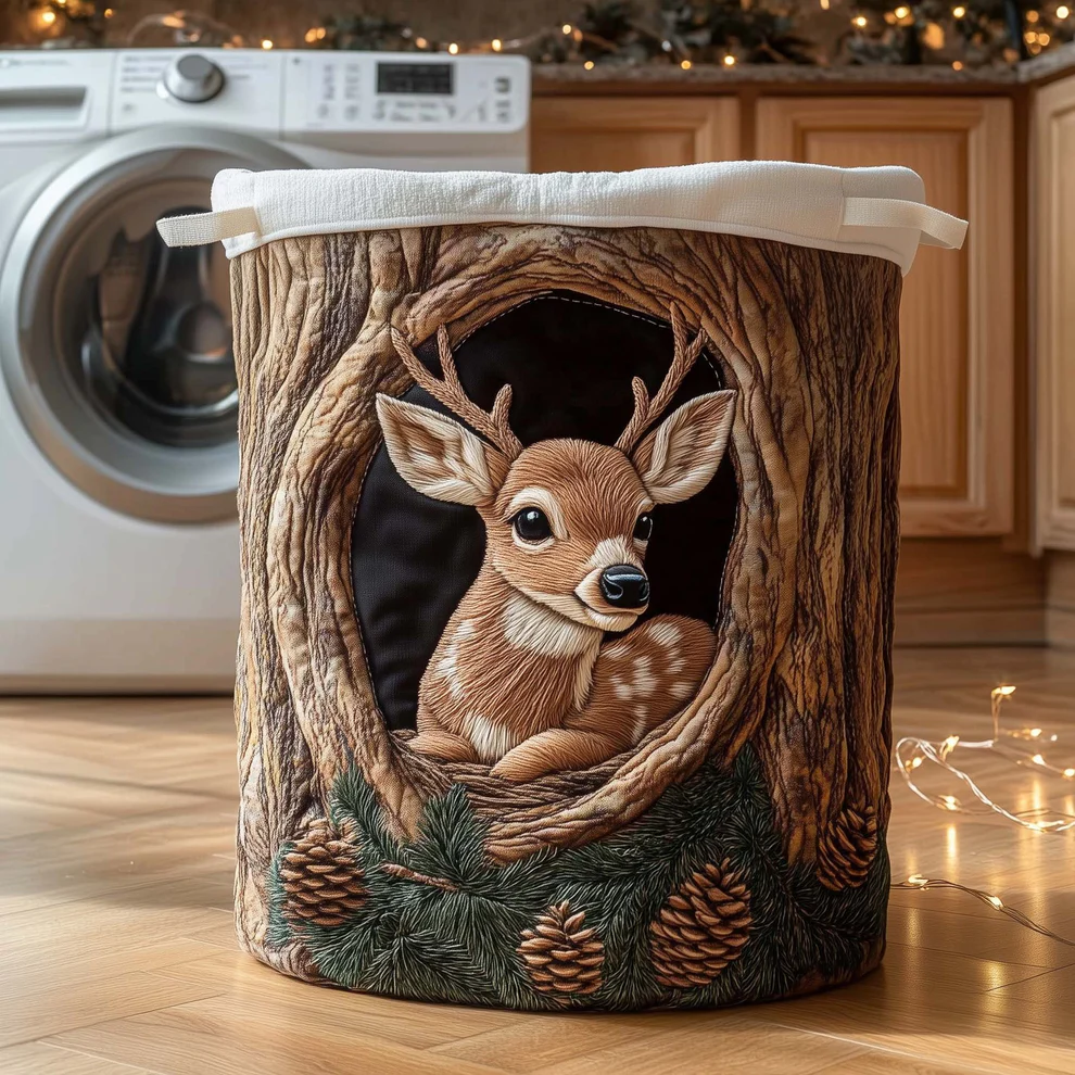 Natural Forest Style Deerwood Hideaway Quilted Laundry Basket with Curious Fawn in Tree Trunk & Pinecone Accents |   Deer