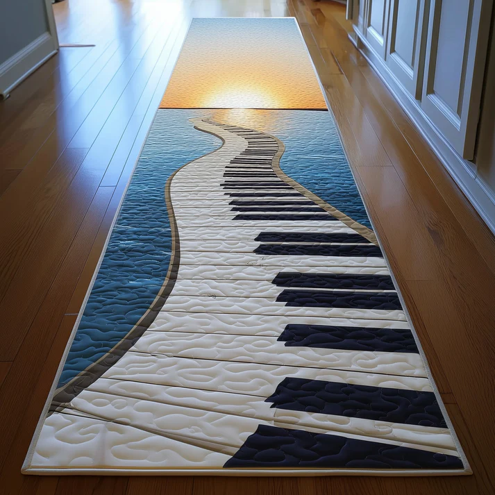 Calming Ocean Piano Style Piano & Wave Beach Pattern Quilted Runner Rug with Contrast Key Design | Piano