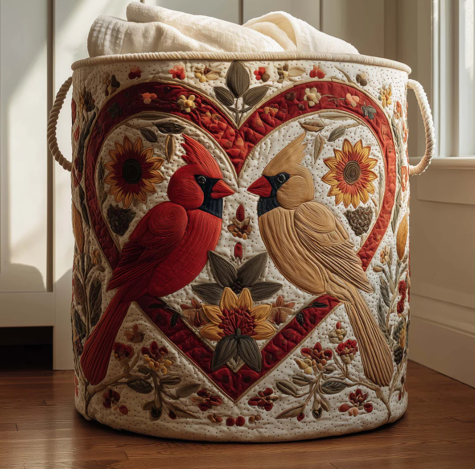 Elegant Cardinal Bird & Floral Pattern Quilted Laundry Basket Eco-Friendly Machine Washable Storage Bin for Home Rustic Country Decor | Bird