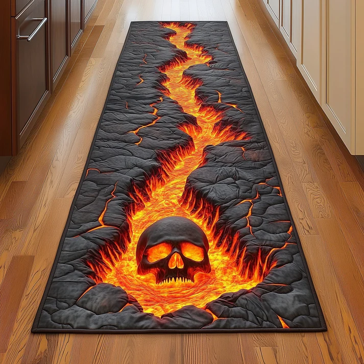 3D Gothic Dark Style Flaming Pathway & Hell Staircase Skull Pattern Quilted Runner Rug with Lava Crack Decor | Flaming Skull