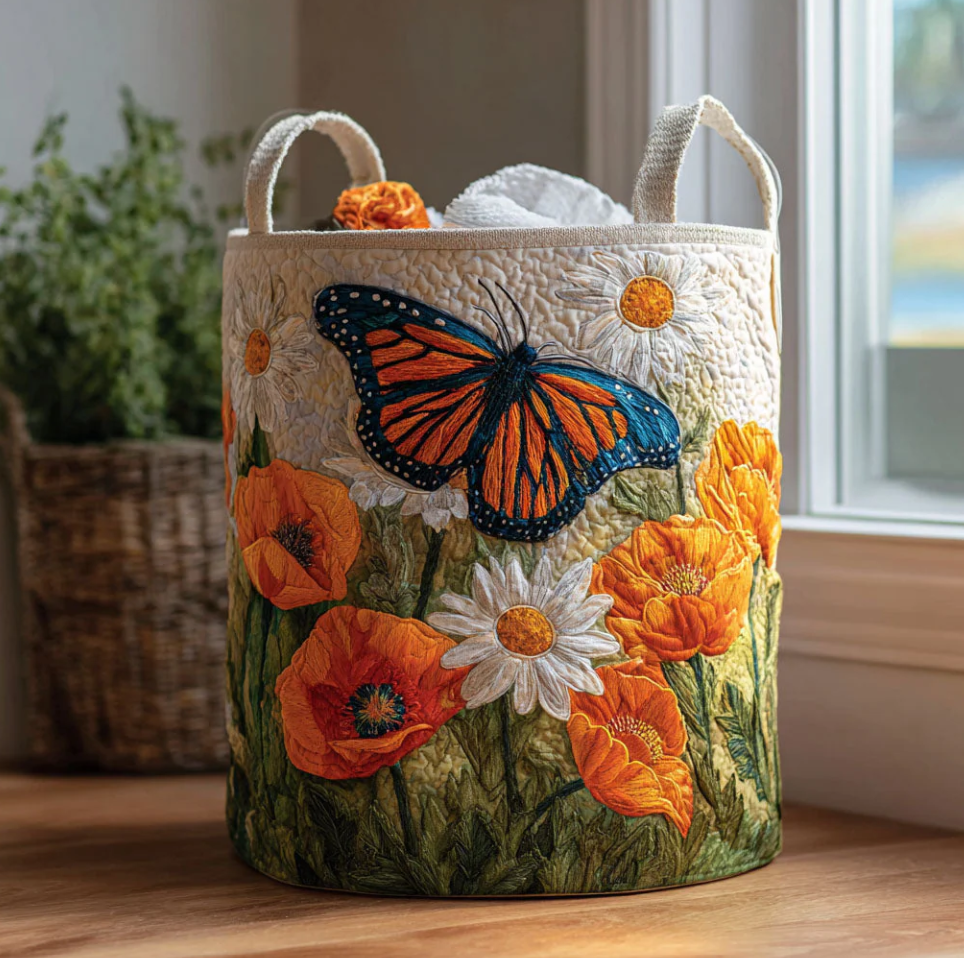 Vibrant Floral Butterfly Pattern Quilted Laundry Basket Eco-Friendly Machine Washable Storage Organizer for Home Living Room Bedroom Decor | Butterfly