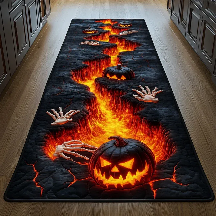 3D Gothic Dark Style Flaming Pathway & Hell Staircase Skull Pattern Quilted Runner Rug with Lava Crack Decor | Flaming Skull