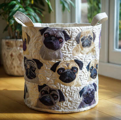 Cute Pug Friends Pattern Quilted Laundry Basket Eco-Friendly Machine Washable Storage Bin for Home Bedroom Bathroom Organization | Dog