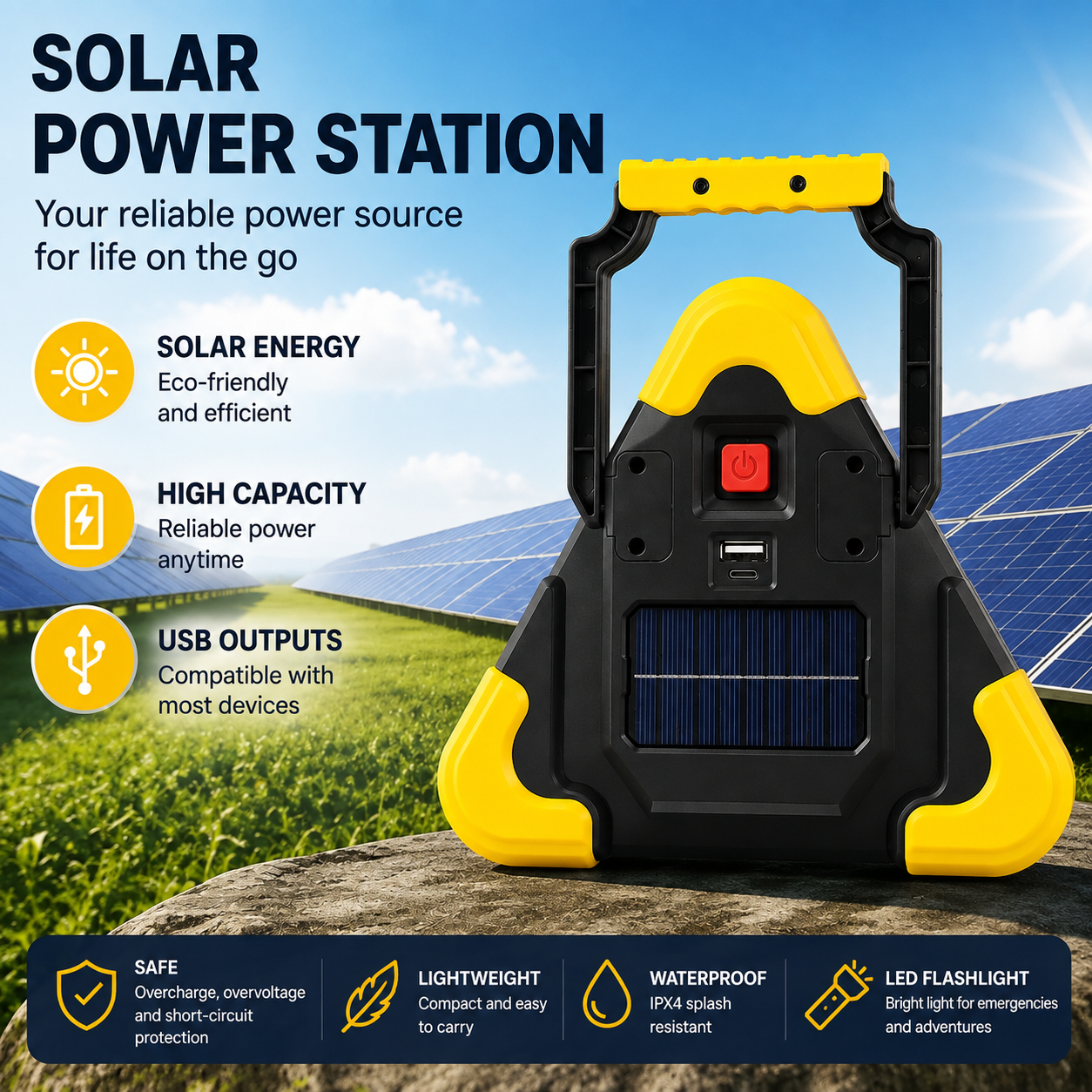 Portable LED emergency light with solar panel and USB output