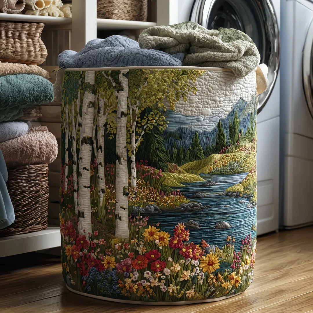 Birch Forest Quilted Laundry Basket, Large Capacity Round Hamper with Rustic Lake & Wildflower Landscape Print, Nature-Inspired Collapsible Storage Bin for Laundry Room, Bedroom