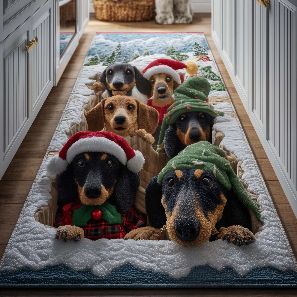 3D Festive Holiday Style Dog & Christmas Ornament Pattern Buddy Runner Rug with Cozy Pet-Friendly Decor | Dog