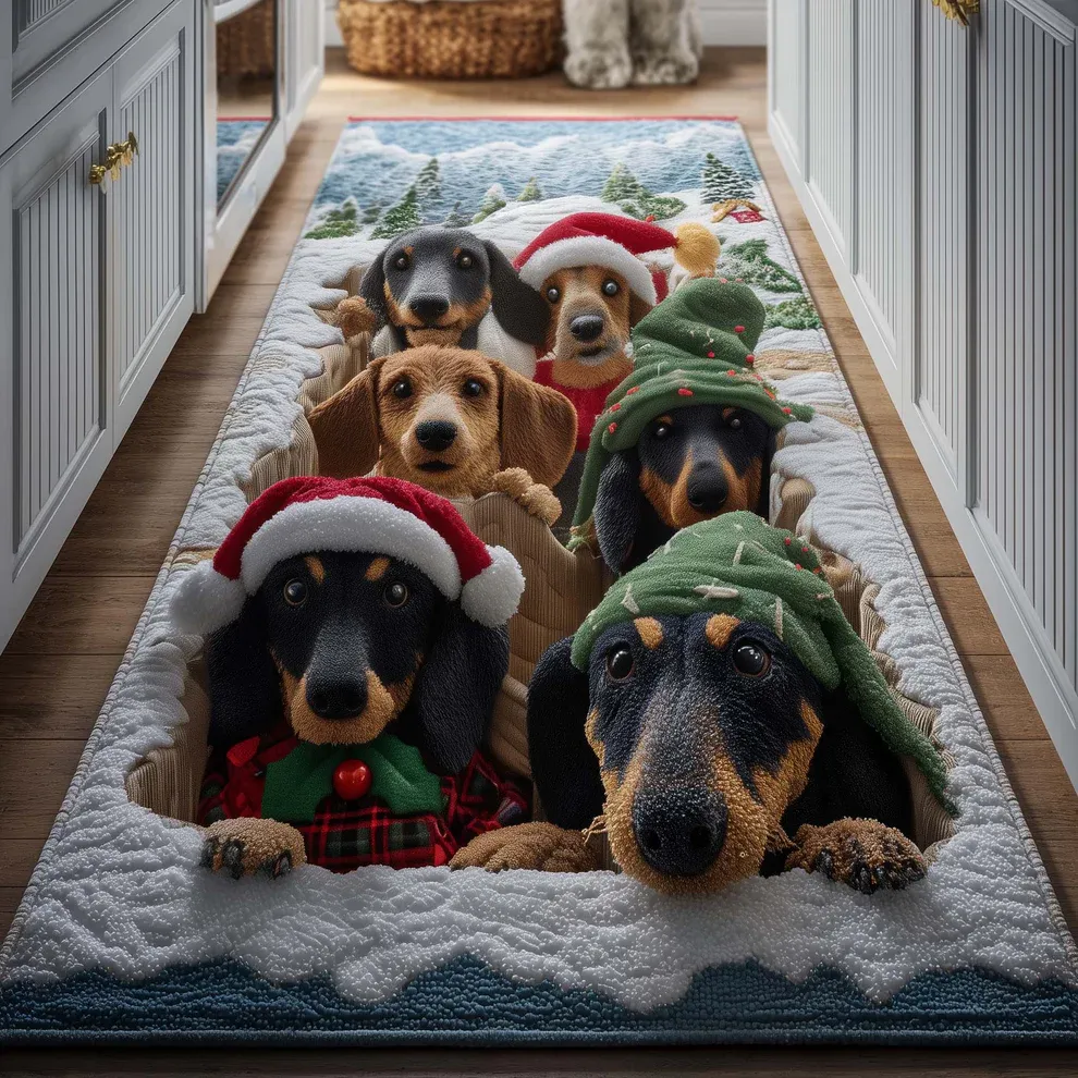 3D Festive Holiday Style Dog & Christmas Ornament Pattern Buddy Runner Rug with Cozy Pet-Friendly Decor | Dog