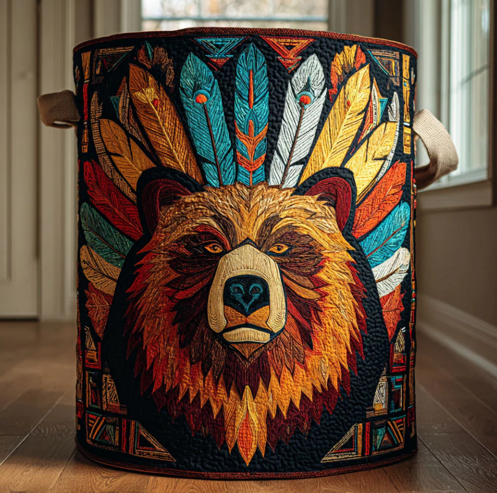 Vibrant Tribal Bear Pattern Quilted Laundry Basket Eco-Friendly Machine Washable Storage Bin for Home Rustic Cabin Decor Organization | Bear