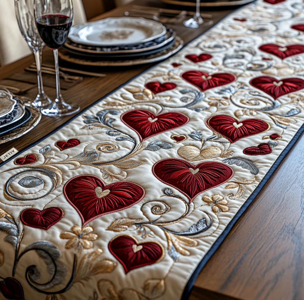 Handcrafted Quilted Table Runner with Diverse Thematic Patterns - Mardi Gras Mask, Heart Embroidery, Celtic Tree, Pumpkin Harvest, Cardinal Bird, Clover, Turkey Designs for Dining Table Decoration