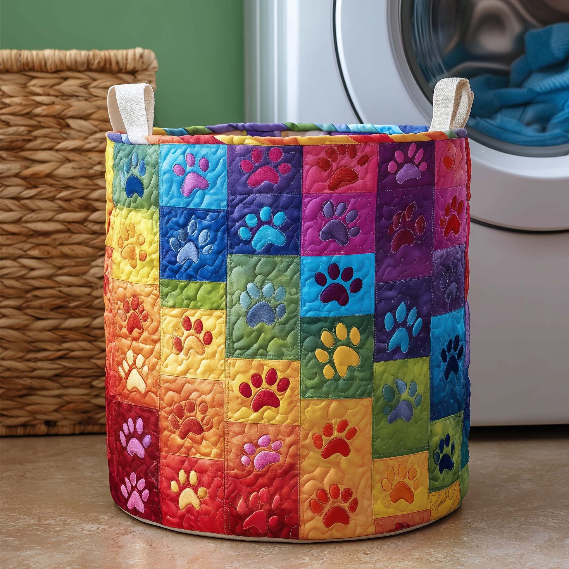Rainbow Paws Quilted Laundry Basket  |  Pet paw