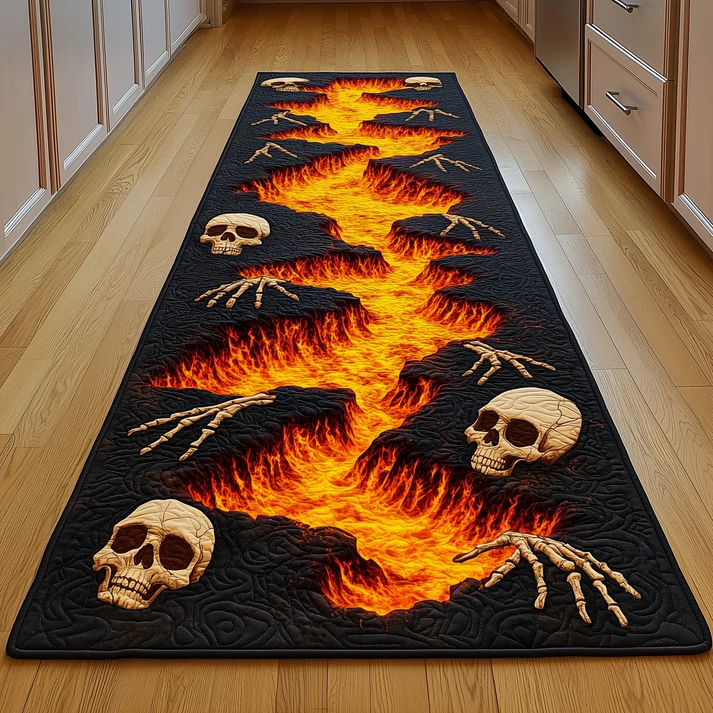 3D Gothic Dark Style Flaming Pathway & Hell Staircase Skull Pattern Quilted Runner Rug with Lava Crack Decor | Flaming Skull