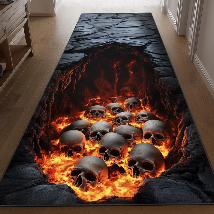 3D Gothic Dark Style Flaming Pathway & Hell Staircase Skull Pattern Quilted Runner Rug with Lava Crack Decor | Flaming Skull