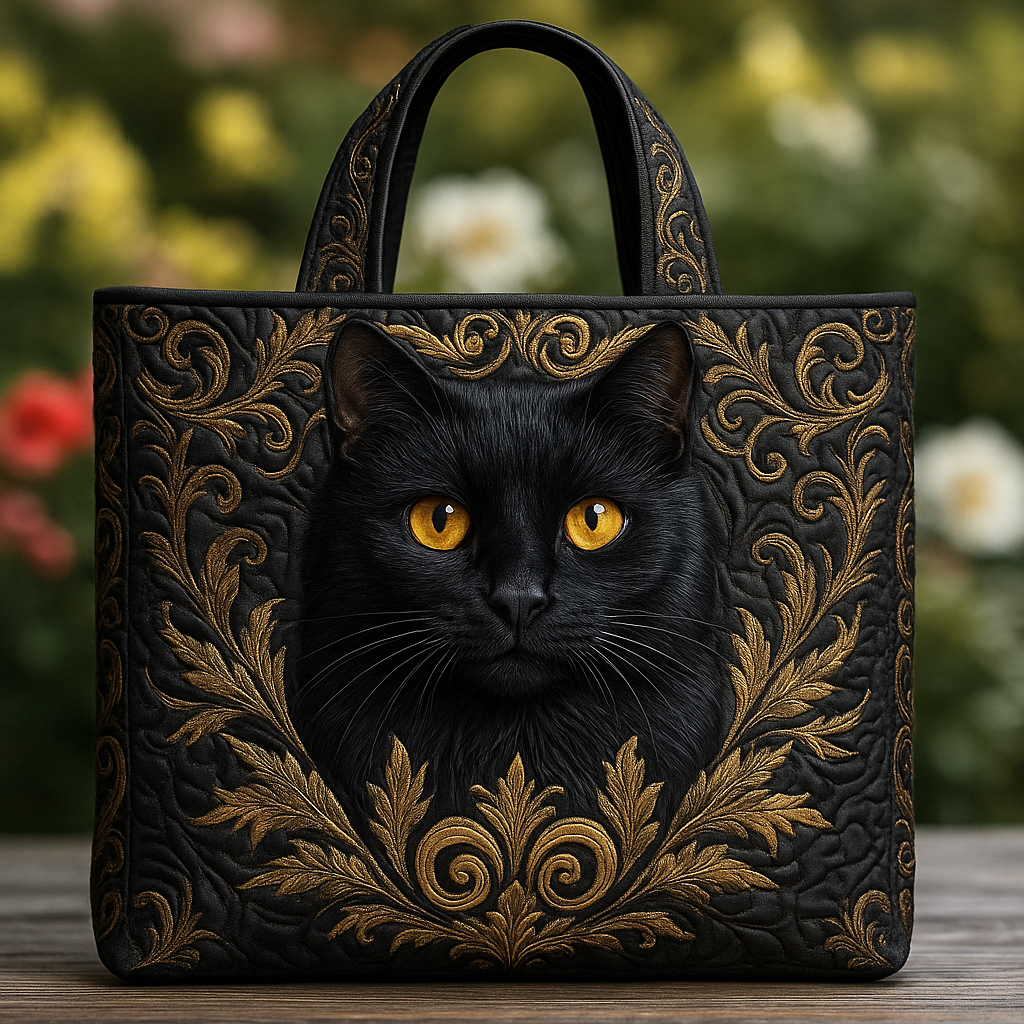 Midnight Grace — 3D Black Cat Quilted Tote Bag ✨